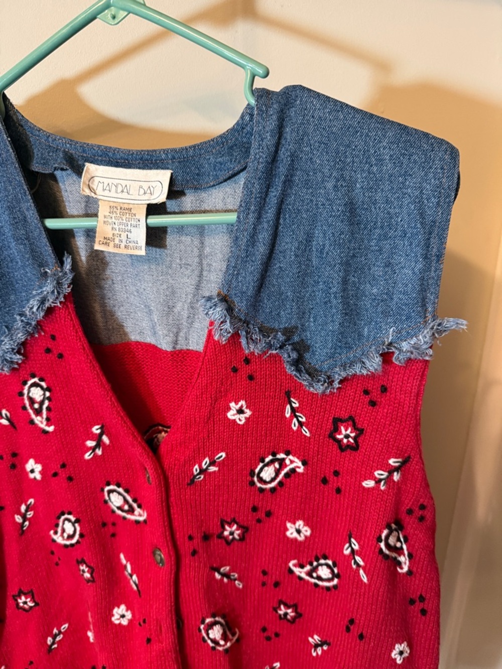 Red Paisley Knit Vest with Denim Collar by Mandal Bay - Picture 4 of 6